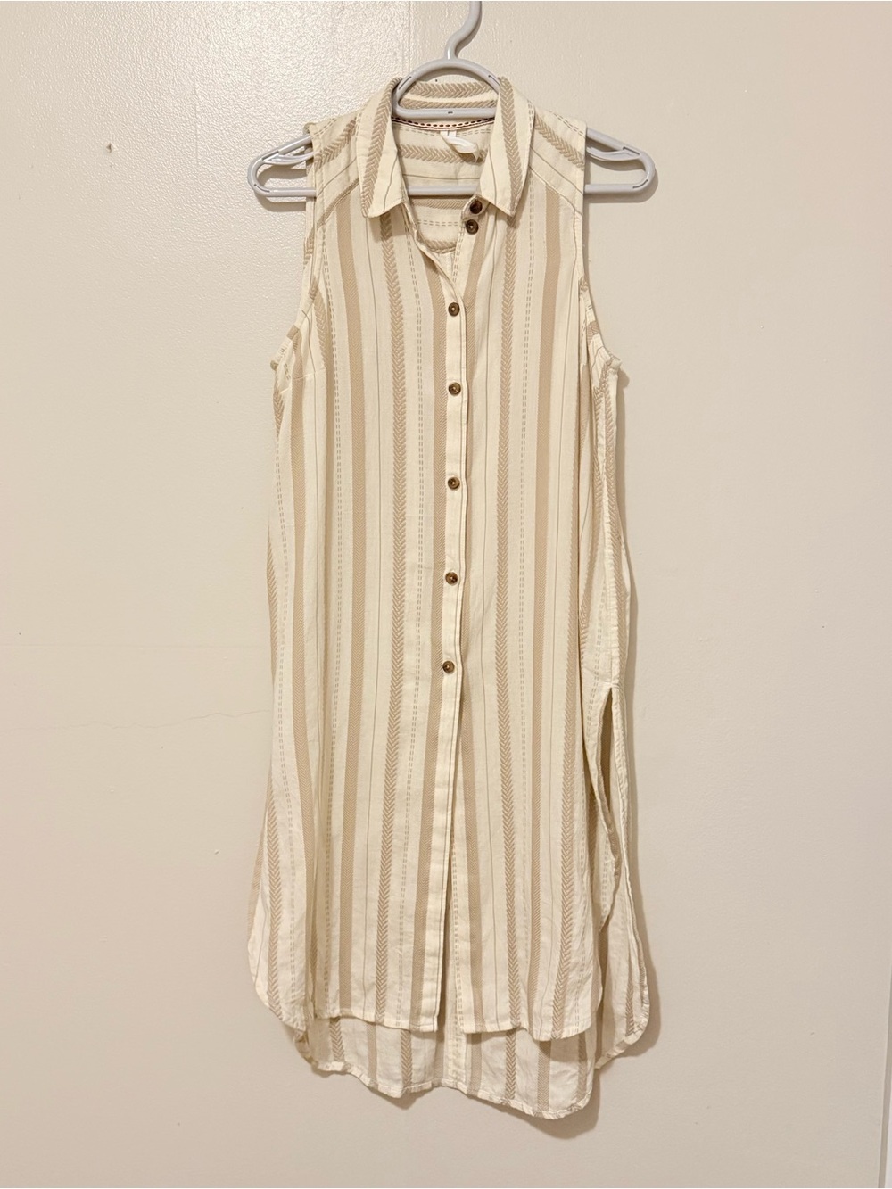 Anthropologie Cream and Tan Striped Sleeveless Button-Front Tunic